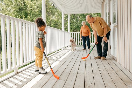 Grandparents playing hockey with granddaughter and family dog